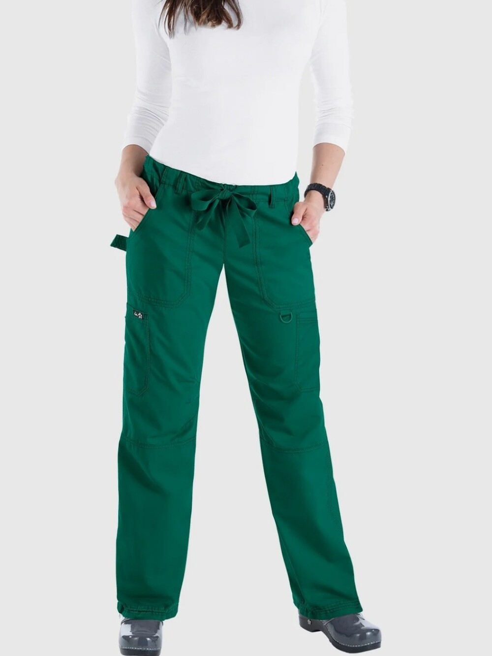 Koi Woman's Hunter Green Low-Rise Utility Scrub Pants, Drawstring, EUC M Regular